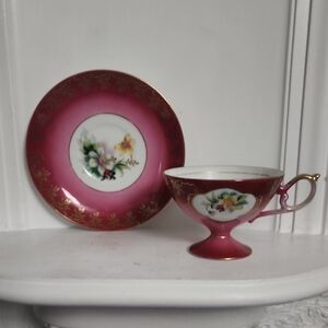 Shafford Elegant Pink and Gold Floral Teacup and Saucer Set